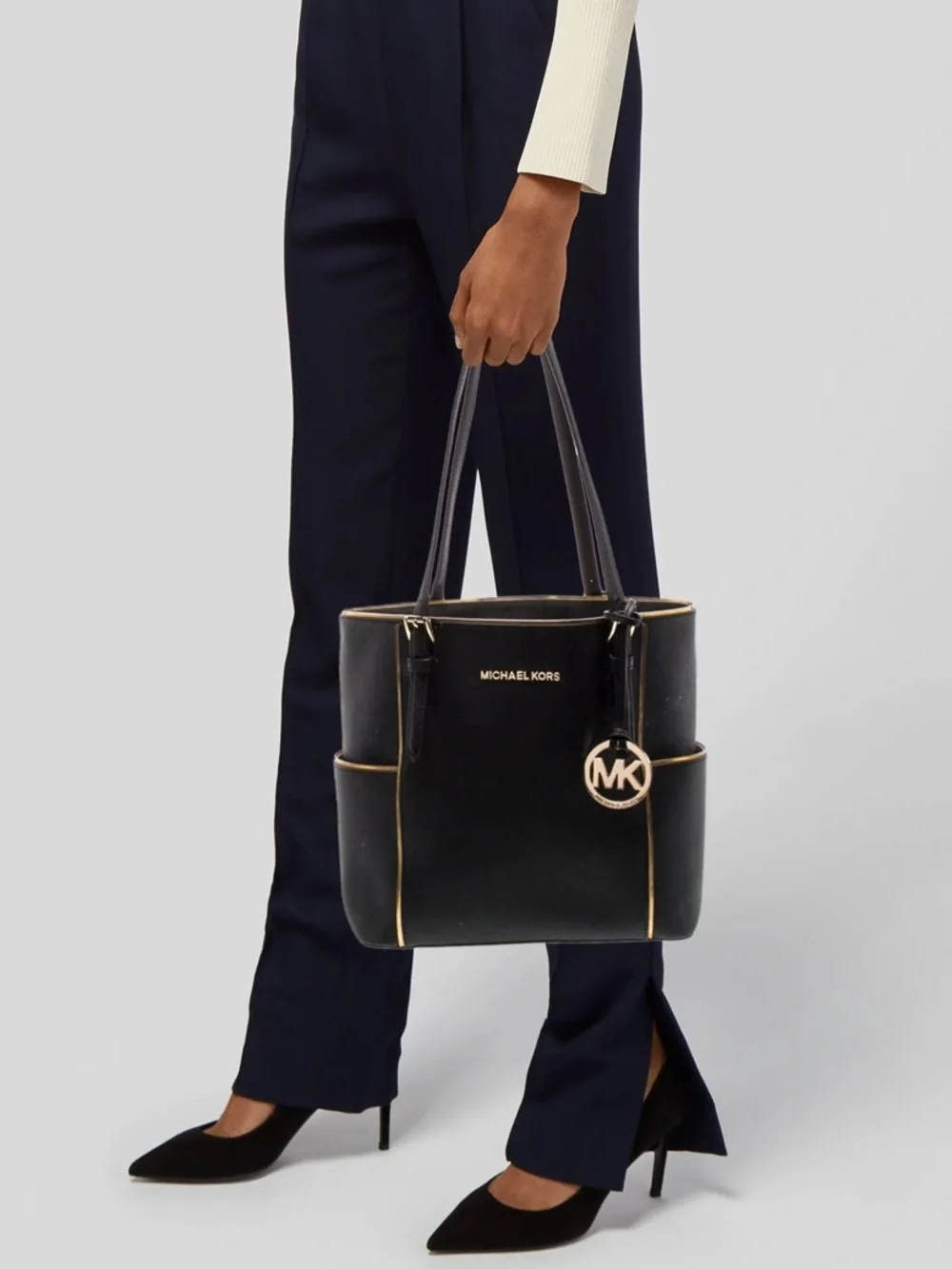 Michael Kors Black Saffiano Leather Tote with Gold Accents